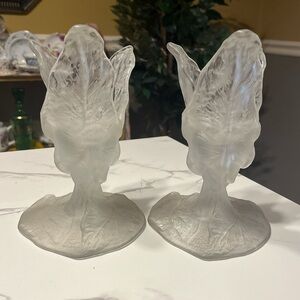 Vintage Cambridge Glass Evergreen Pattern Frosted Candle Holders